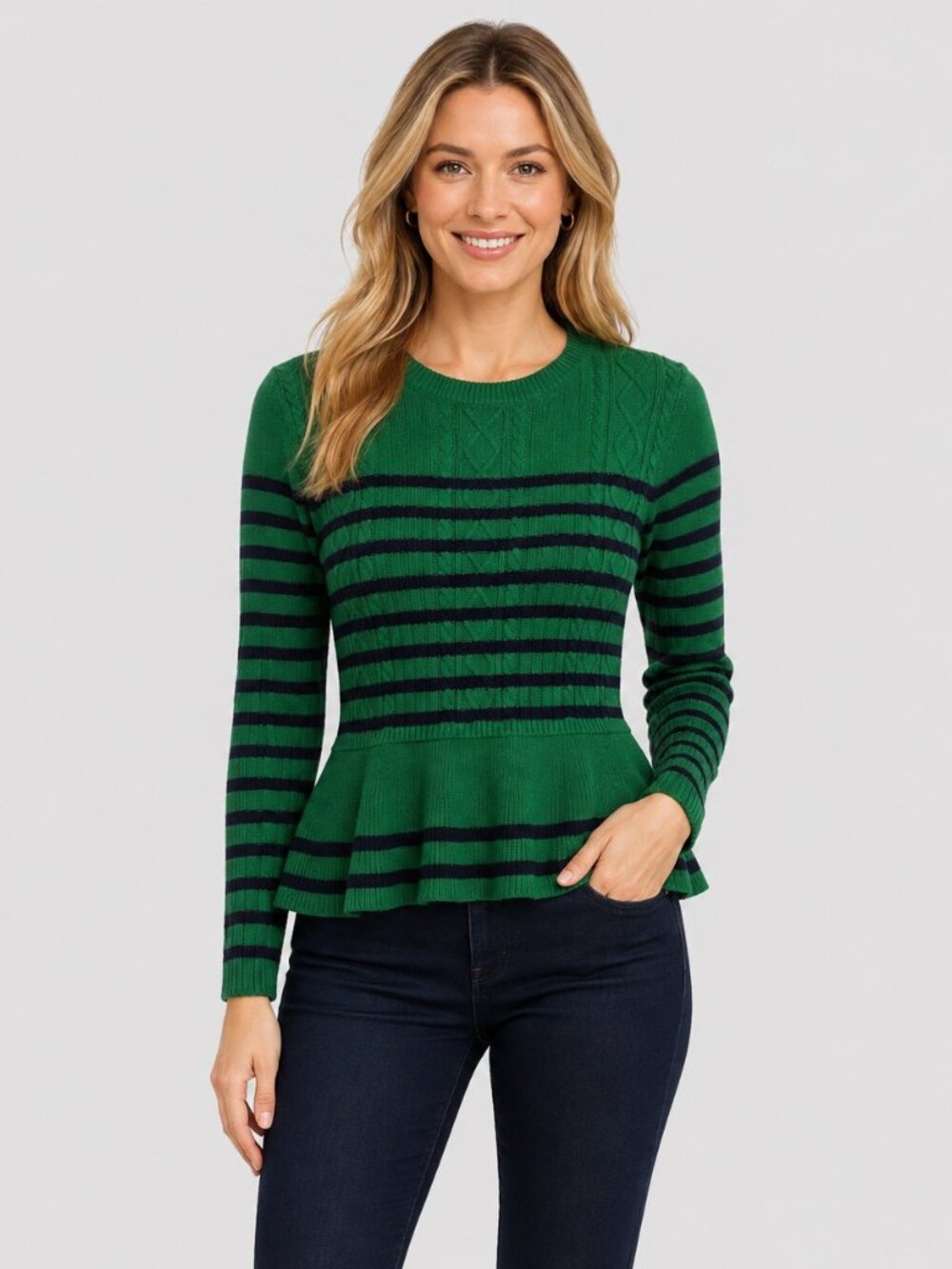 Talbots Womens Extra Small Green Navy Striped Cable Knit Peplum Sweater